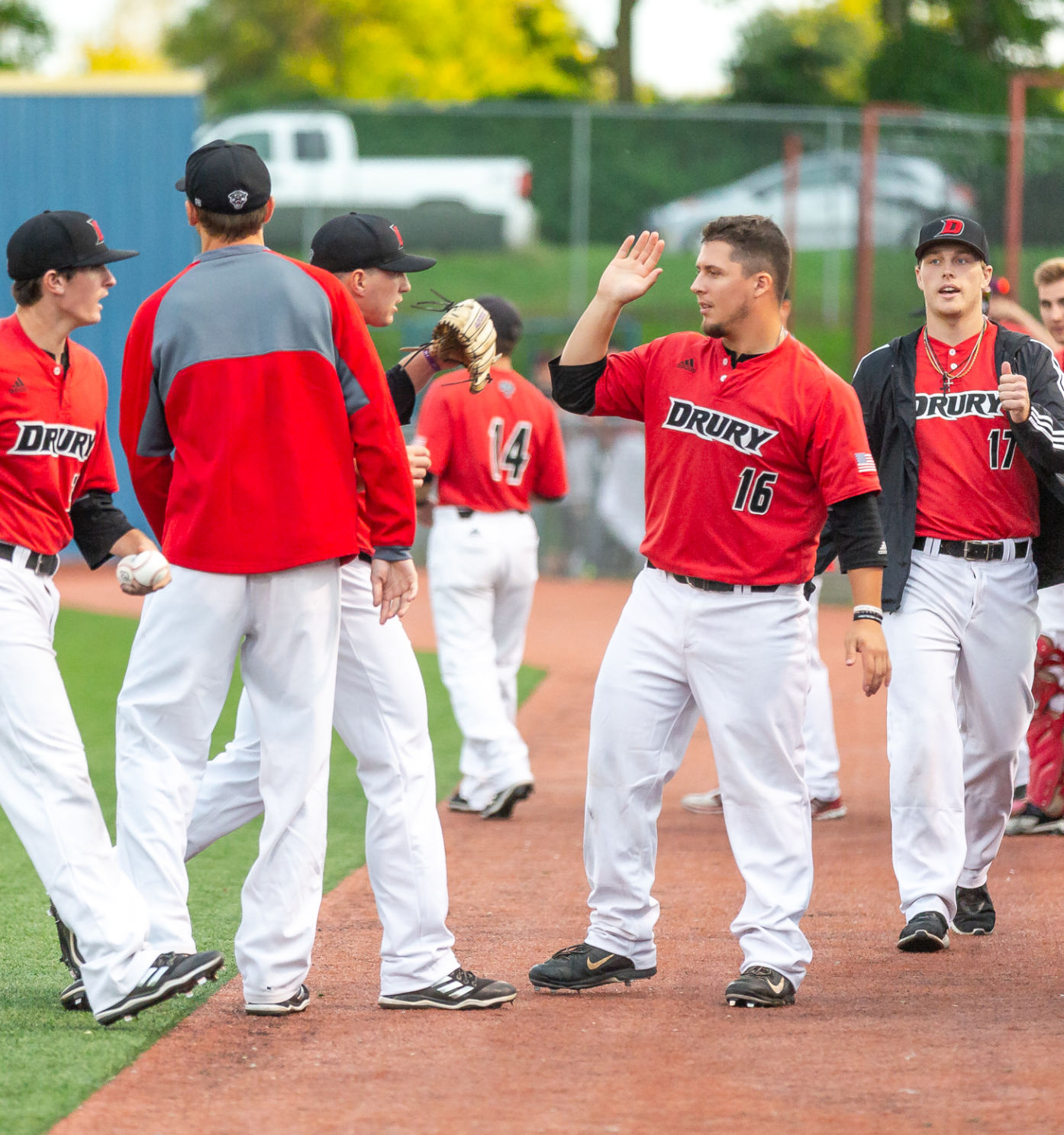 Drury team members congratulate each other